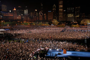 U.S. Democratic presidential nominee Senator Barack Obama (D-IL) during his election night rally in Chicago, November 4, 2008.
