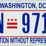 A Washington D.C. license plate with the tag "END TAXATION WITHOUT REPRESENTATION". This is the default license plate design for DC vehicles.