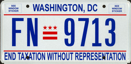 A Washington D.C. license plate with the tag "END TAXATION WITHOUT REPRESENTATION". This is the default license plate design for DC vehicles.